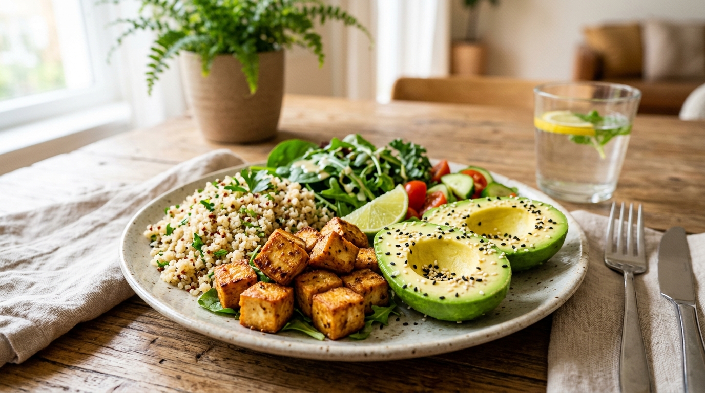 Veganski fitnes tanjir: Hrskavi marinirani tofu sa kinoom i avokadom